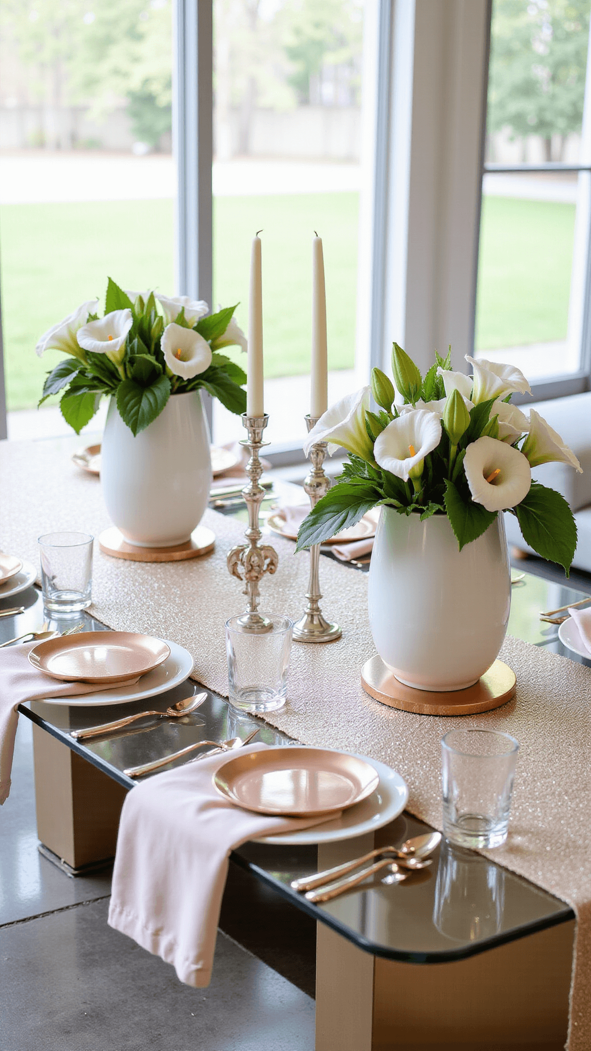 Modern 12x14ft dining area with floor-to-ceiling windows overlooking garden, glass-topped table adorned with metallic accents and white lilies under soft afternoon light.