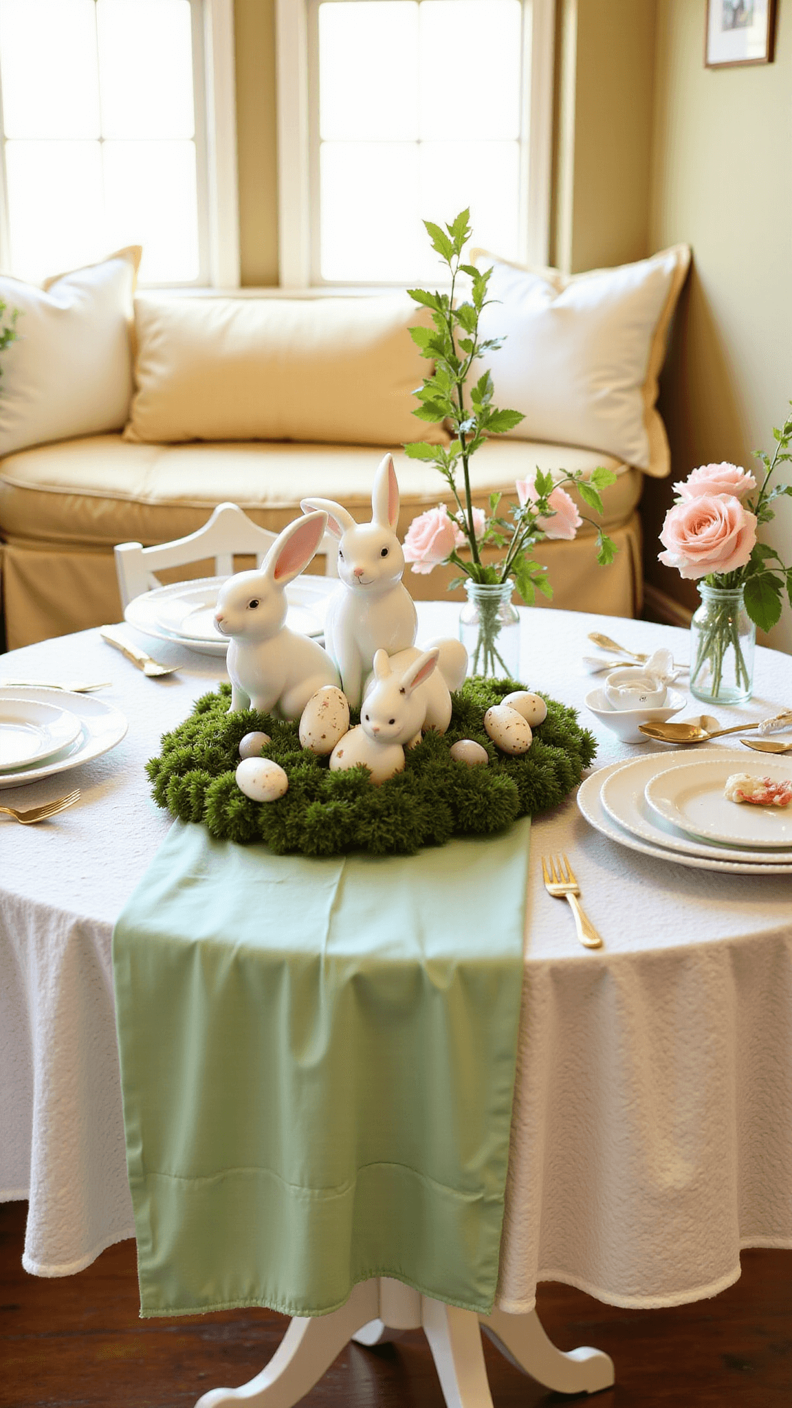 Cozy breakfast room with cushioned bay window, round bistro table set with vintage milk glass plates, modern gold flatware, and a whimsical centerpiece featuring porcelain bunnies, all bathed in warm evening light.