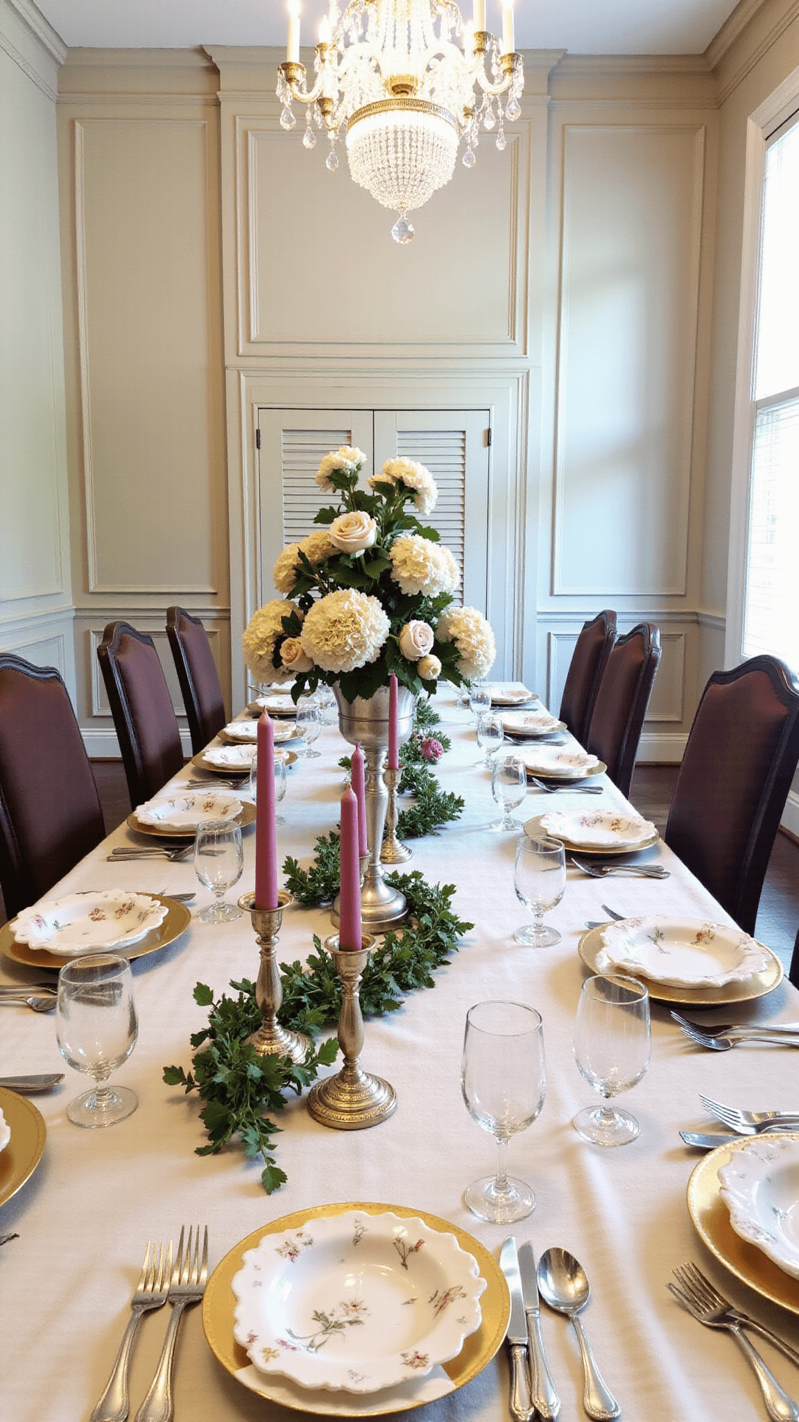 Elegant 20x24ft dining hall with wainscoting, crystal chandelier, and plantation shutters, set with ivory damask tablecloth, three-tiered epergne centerpiece, alternating gold and silver chargers with botanical plates, and antique candelabras.