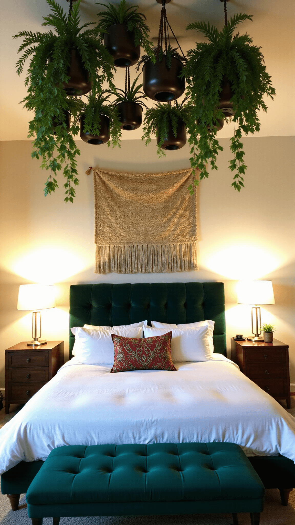 Master bedroom at twilight with ambient lighting, hanging plant canopy over king bed, large neutral woven wall hanging above headboard, with emerald velvet accent chair and ceramic side table. Rich Indian block print textiles layered throughout the room, dramatically backlit by mood lighting.