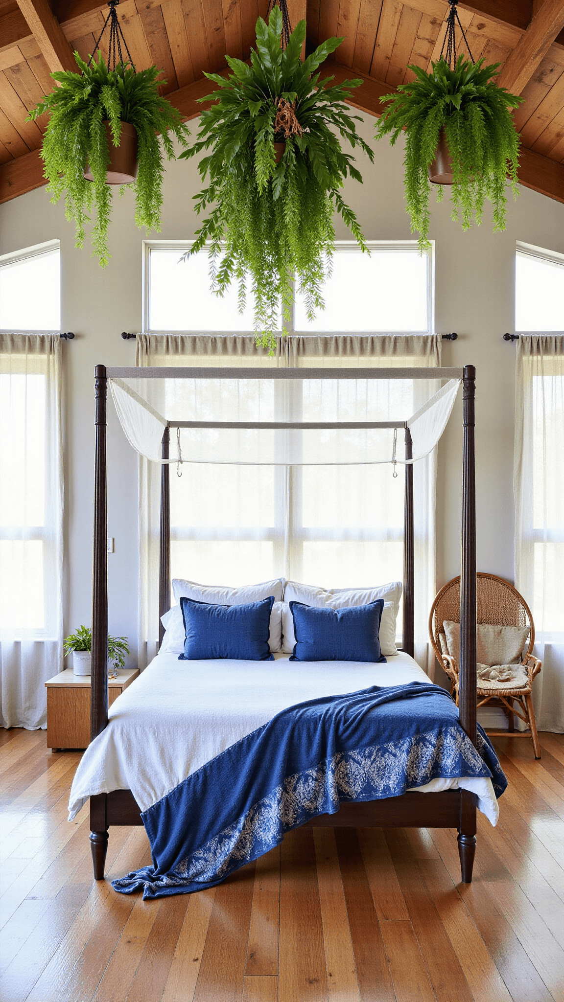 Elevated view of a spacious tropical boho bedroom with a hanging garden, four-poster bed with mosquito netting, and a hammock in a reading nook, illuminated by sunlight from tall windows.