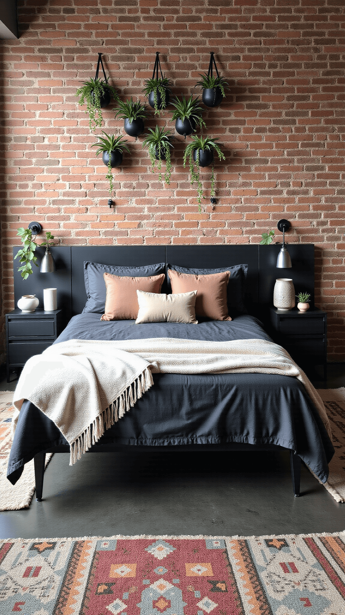 Modern contemporary 16x14ft boho sanctuary bedroom with industrial design elements including exposed brick wall with geometric hanging planters, platform bed with charcoal linen, modern pendant lights, macramé décor, polished concrete floors, and Moroccan rugs, bathed in moody afternoon light.