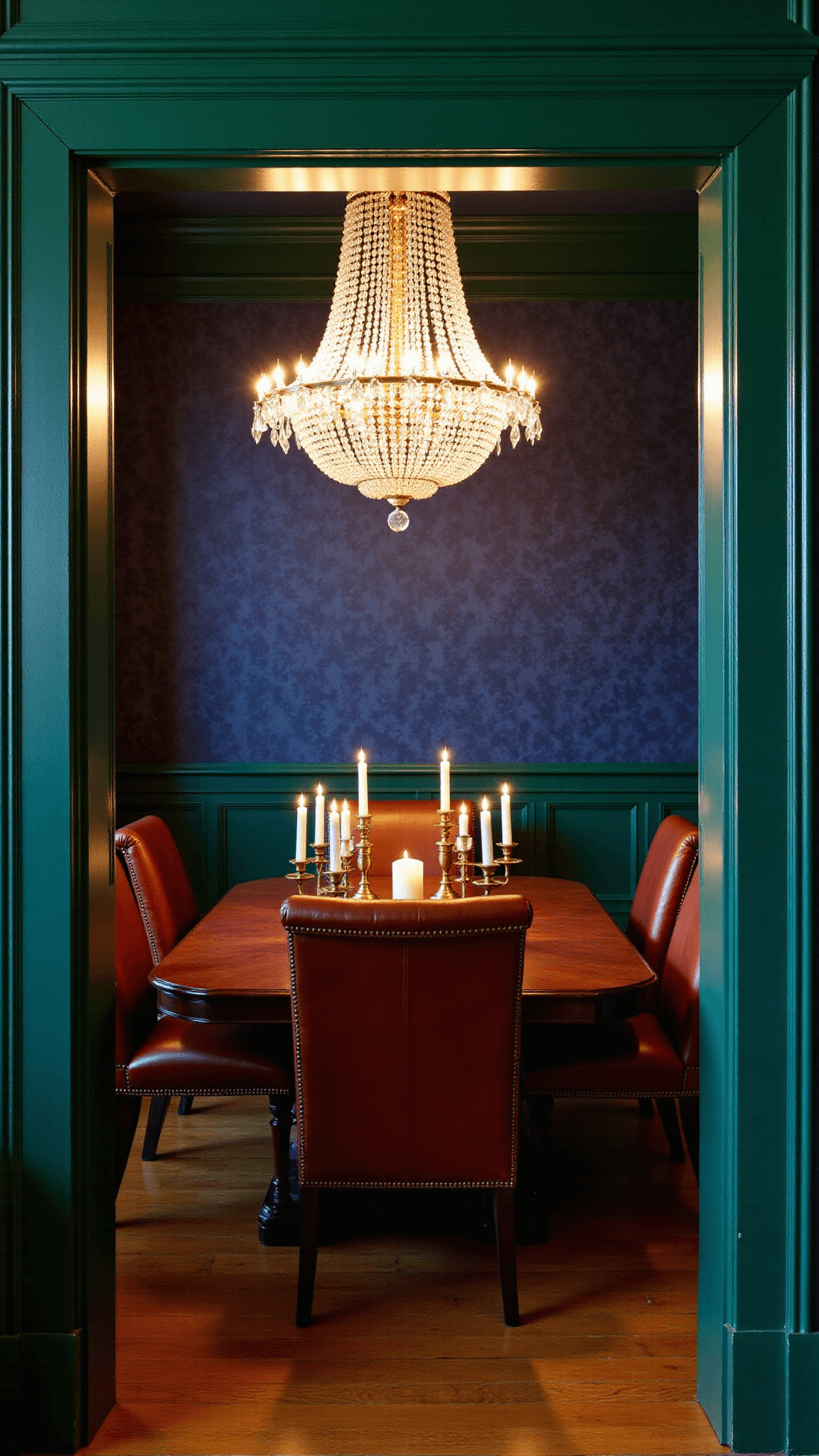Vintage Victorian dining room with forest green millwork, crystal chandelier, mahogany table, midnight blue wallpaper, bronze candelabras, and high-backed leather chairs at dusk.