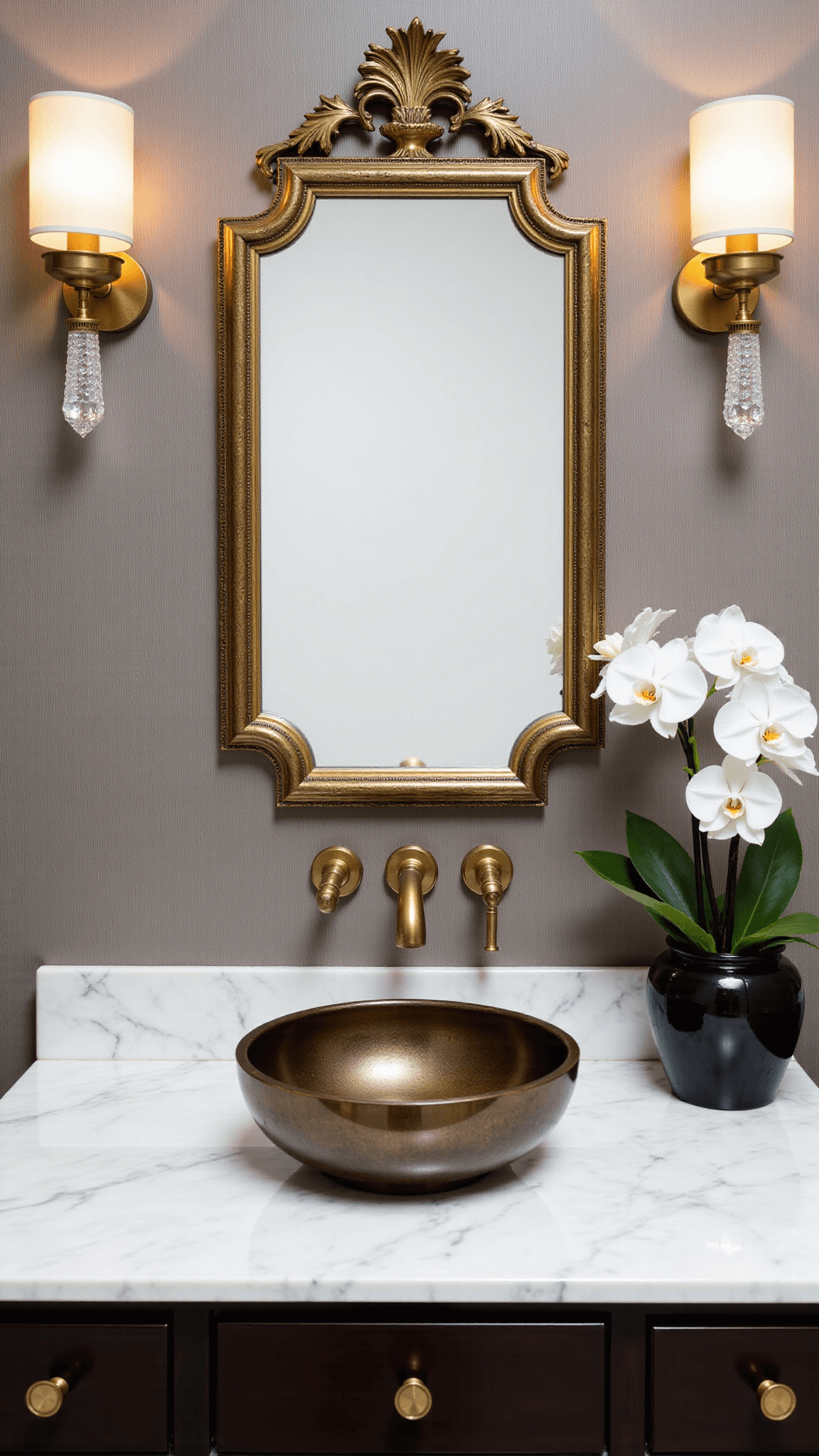 Overhead shot of a refined powder room featuring an antiqued brass mirror reflecting a white ceramic sink on a marble countertop, warm grey grasscloth wallpaper, crystal sconces, and a white orchid in a black vessel.