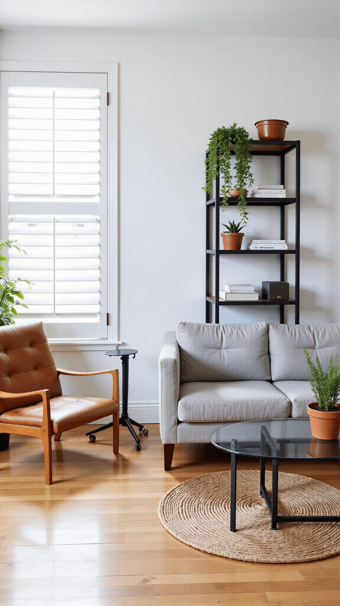 Morning light streaming through plantation shutters, creating striped shadows in a modern living room with gray linen sofa, natural leather chairs, minimalist black metal shelving with curated objects and plants, a round jute rug under a glass coffee table, and white oak floors.