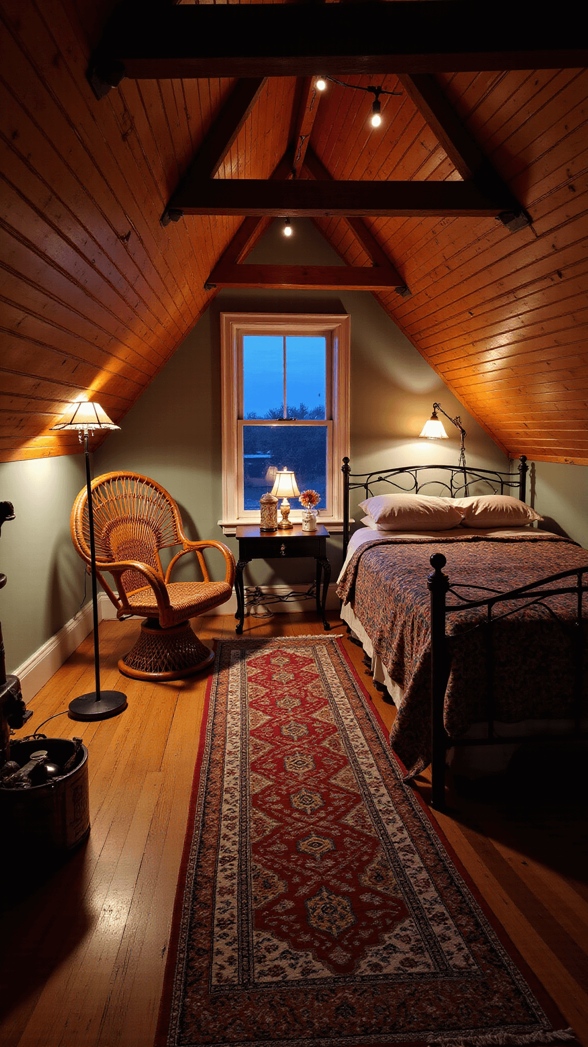 Vintage attic bedroom with twinkling string lights, antique floor lamps, a rattan peacock chair, a tapestry reading nook and layered Turkish rugs leading to a wrought iron bed.