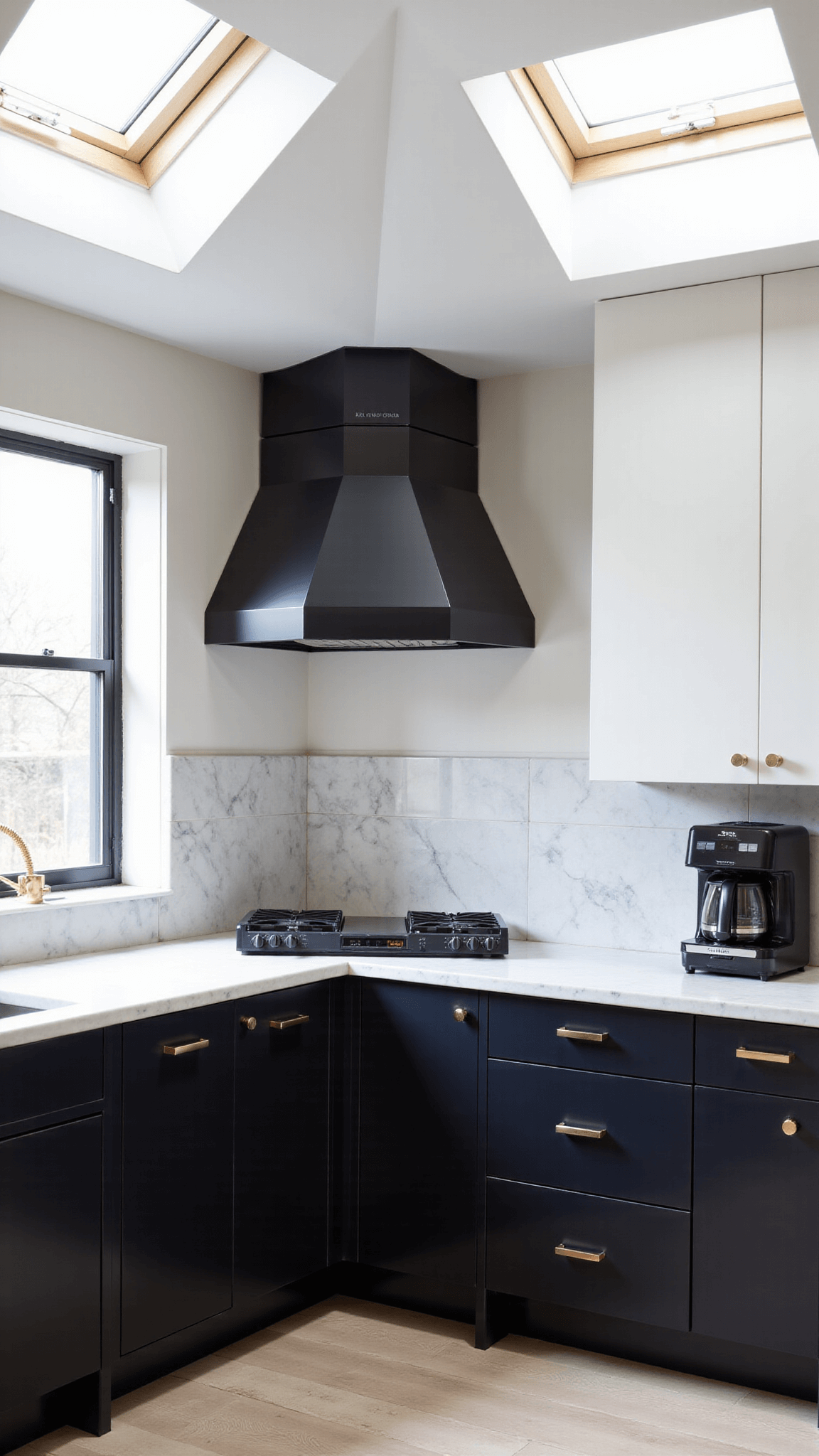 Modern kitchen with natural light showcasing black lower cabinets, white upper storage, custom matte black hood, brushed gold faucet, and a styled coffee station against a white marble backsplash.