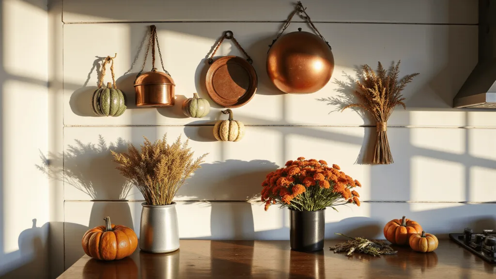 "Rustic kitchen decor with vintage copper pots, dried herbs, and heirloom pumpkins on a white shiplap wall during golden hour"