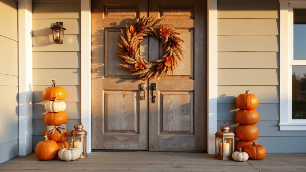 "Vintage farmhouse entrance with rustic autumn wreath, stacked heirloom pumpkins, and copper lanterns in soft golden light"