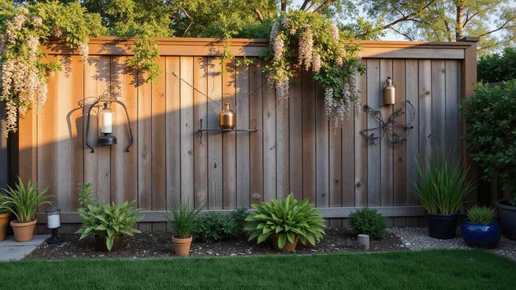 "Sunlit wooden garden fence adorned with roses and wisteria, metal art pieces, and lanterns surrounded by lush greenery and string lights"