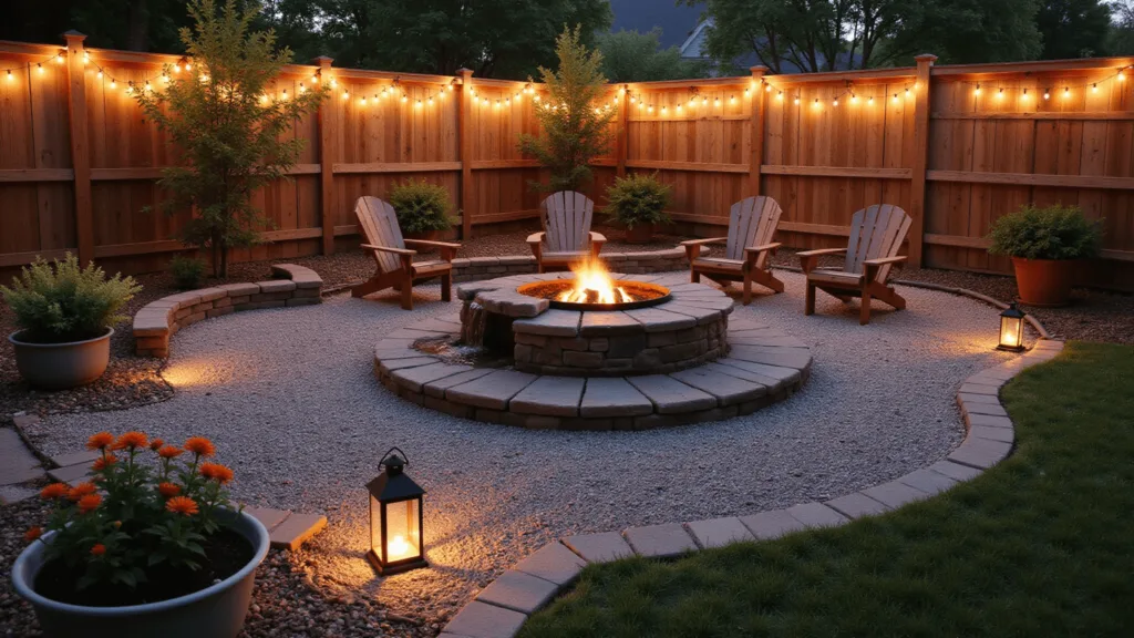 "Golden hour view of cozy backyard with gravel patio, cascading water feature, string lights, fire pit, Adirondack chairs, copper lanterns, and perennial gardens in vintage planters"