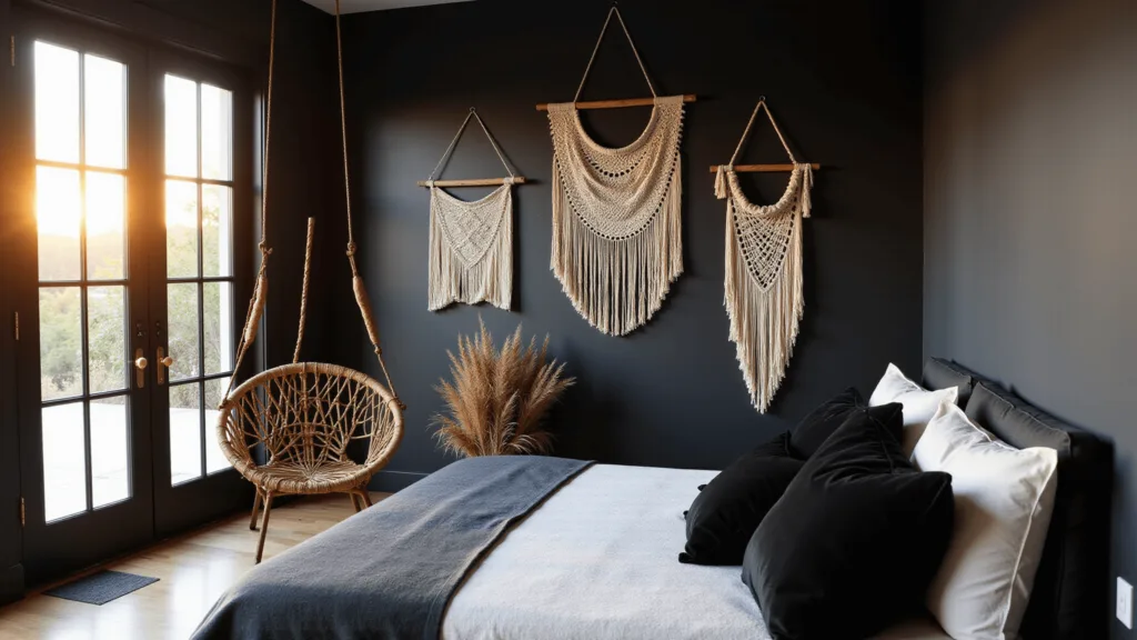 "Bohemian style bedroom with matte black walls, rattan chair, macramé wall hangings, velvet pillows, and golden hour light."