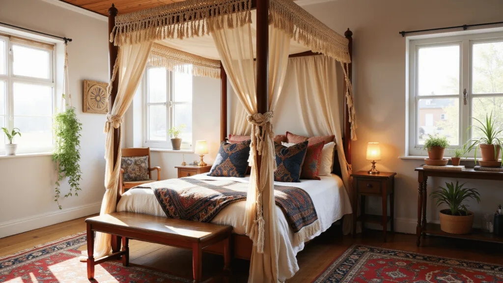 "Sunlit bohemian bedroom with macramé canopy, jewel-toned textiles, vintage brass accents, and hanging plants on a neutral background."