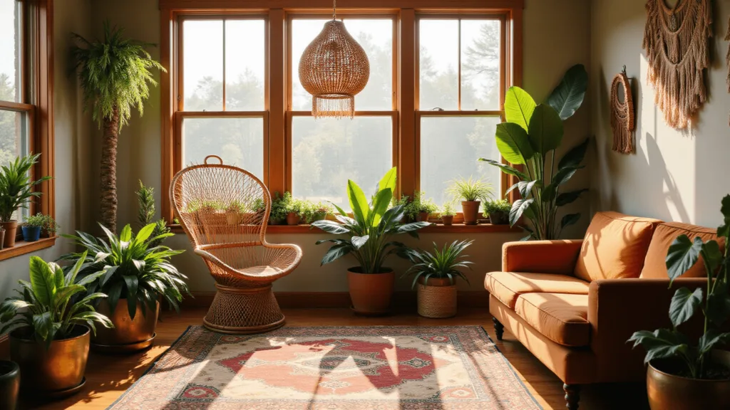 "Bohemian sunroom with vintage rattan peacock chair, Persian rugs, trailing plants, and a rust-colored velvet sofa in a warm golden hour light."