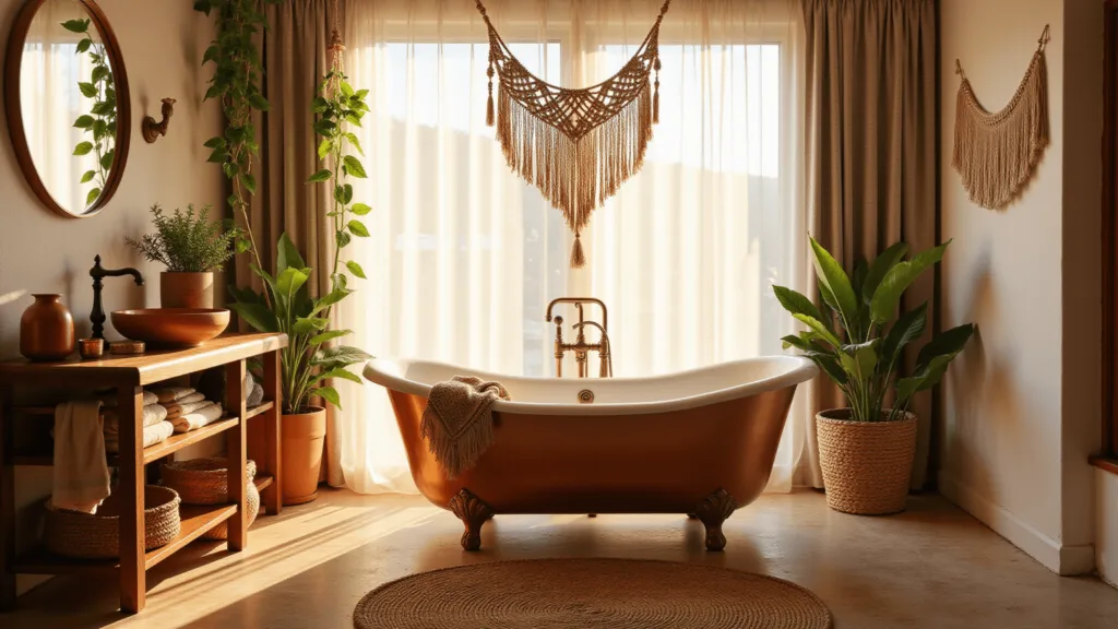 "Bohemian bathroom with copper clawfoot tub, macramé hanging, pothos plants, and teak shelf styled with ceramics and brass at golden hour"