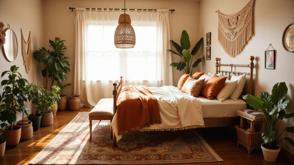 "Bohemian bedroom with vintage brass bed, macrame wall hangings, potted plants, Persian rugs on wooden floors, and rattan pendant lamp during golden hour"