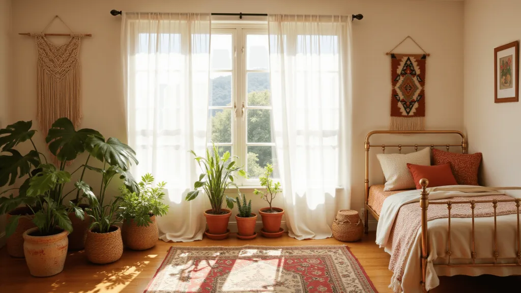 "Boho bedroom with macramé wall hangings, potted monstera plants, vintage bed frame, and Persian rug under natural morning light"