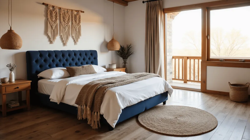 "Boho themed bedroom with navy blue headboard, macrame decor, and rattan pendant light bathed in golden hour glow"