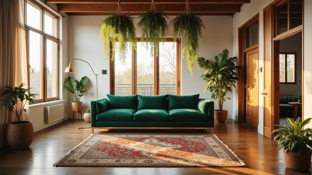 "Bohemian living room with high ceilings, emerald velvet sofa, macrame hanging plants, Persian rug, brass accents and golden hour sunlight streaming through windows."
