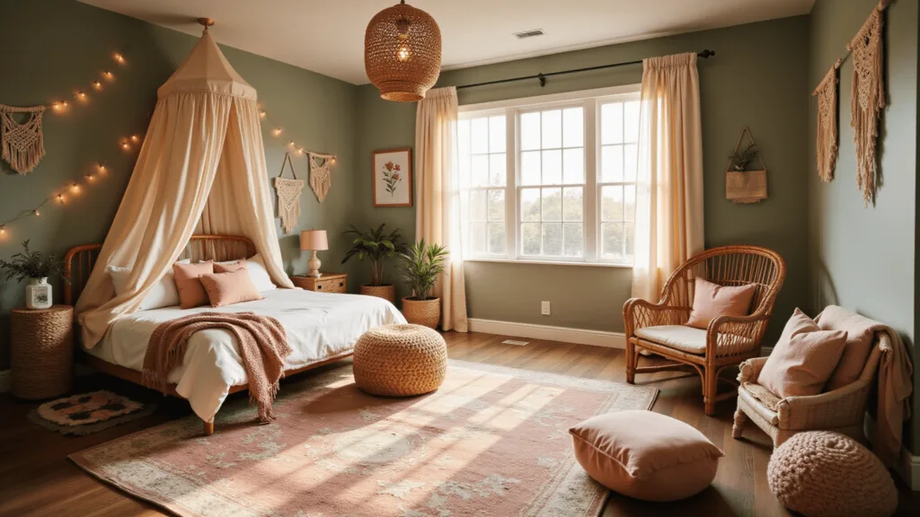 "Bohemian toddler's bedroom with sage green walls, blush pink rugs, rattan furniture, and fairy lights in golden hour light"