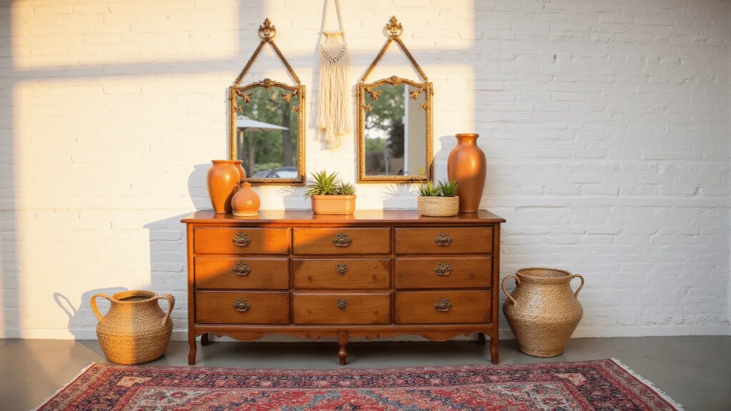 Boho Bedroom Dresser Decor: Your Ultimate Styling Guide "Bohemian styled bedroom with vintage wooden dresser, terracotta vases, brass mirrors, macrame, succulents, and woven baskets against a whitewashed brick wall during golden hour"