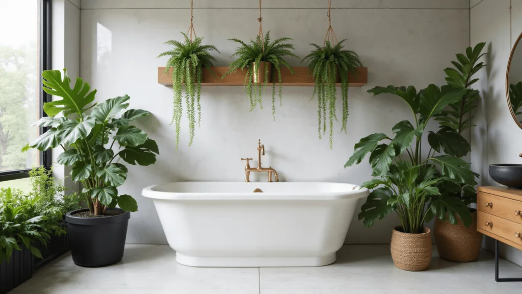 Creating Your Bathroom Oasis: A Guide to Humidity-Loving Plants "Luxurious spa-style bathroom with marble tiles, a white tub, brass fixtures, and an assortment of lush plants including Monstera Deliciosa, Boston ferns, and trailing philodendrons in a steamy atmosphere"