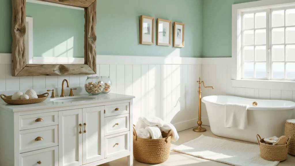 "Coastal bathroom interior with seafoam green walls, white vanity, driftwood mirror, seashells in glass vessels, and natural sunlight streaming through window"