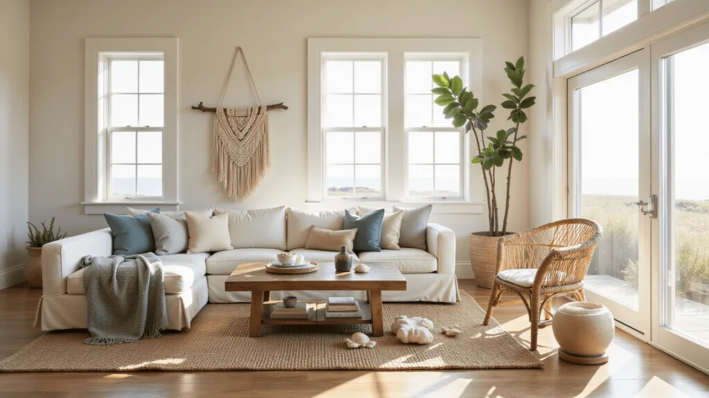 "Bohemian coastal living room with natural light, cream linen sectional, rattan chair, and wooden coffee table, styled with pampas grass and seashells"