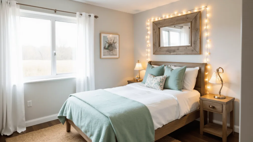 "Cozy coastal dorm room with a twin XL bed, seafoam green bedding, a driftwood mirror, string lights, a jute rug, and soft morning light"
