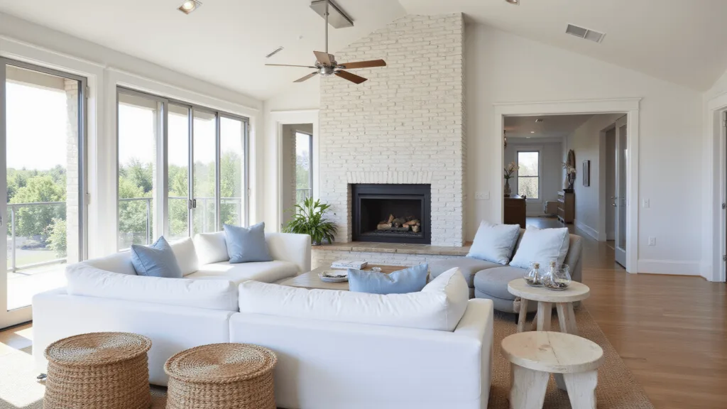 "Coastal modern living room with white brick fireplace, stainless steel accents, and modern furniture bathed in morning sunlight"
