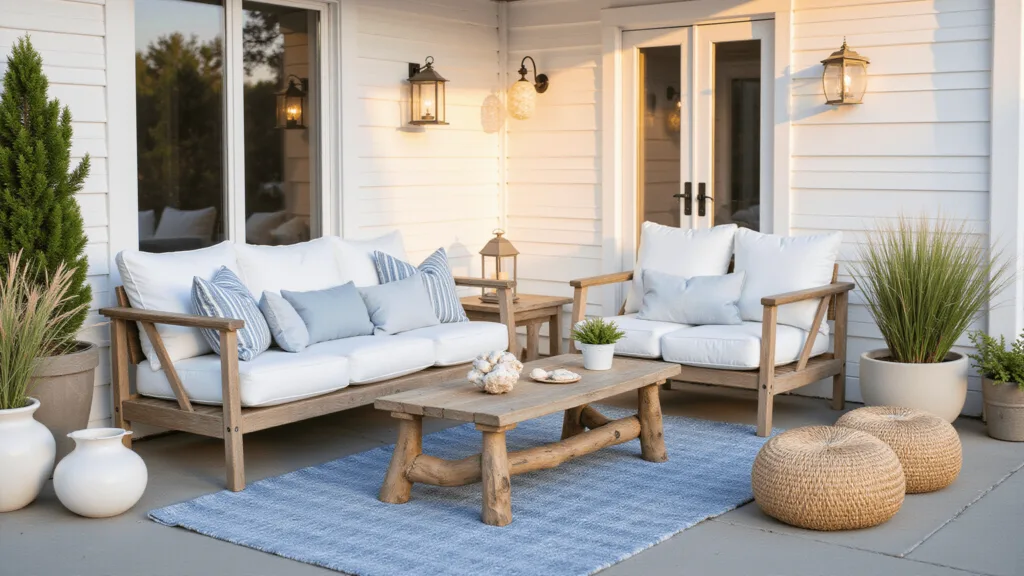 Coastal Outdoor Decor: Transform Your Space into a Seaside Sanctuary "Coastal patio with weathered teak furniture, white cushions, sandy rugs, rope lanterns, and driftwood accents at sunset."