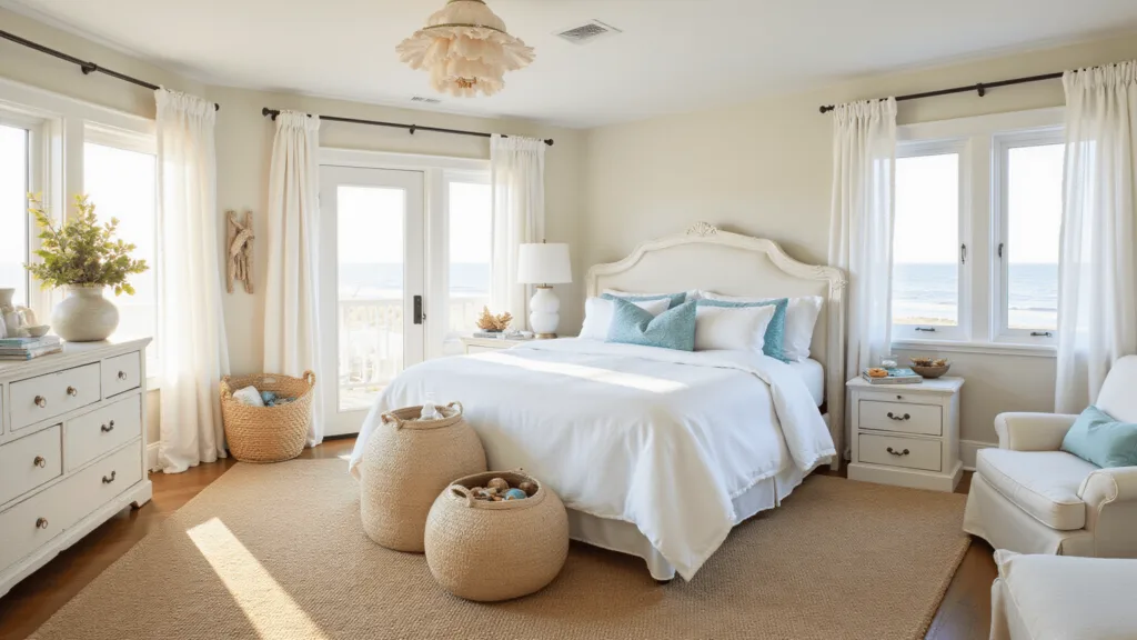 "King-sized bed in a serene coastal bedroom with azure blue linens, white curtains, natural light, and beach-inspired accents"