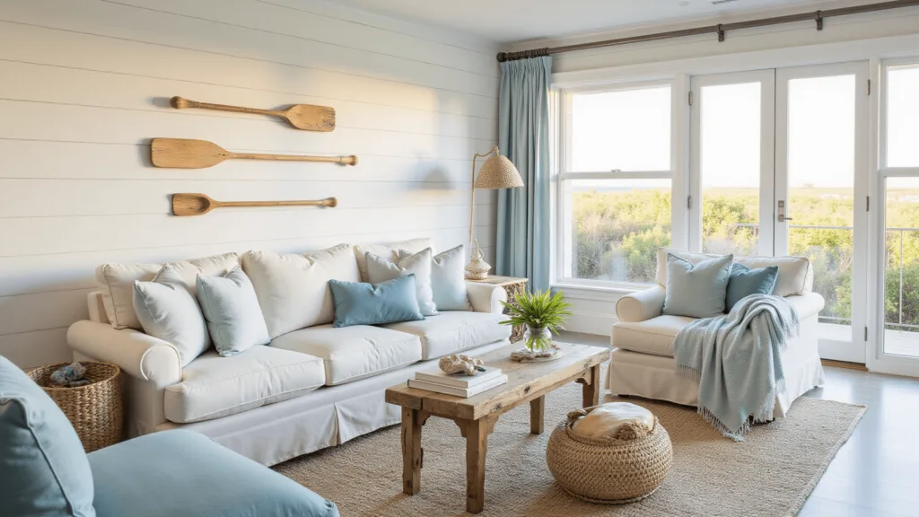 "Sunlit coastal living room with white shiplap walls, blue and ivory furnishings, and minimal ocean-themed accents"