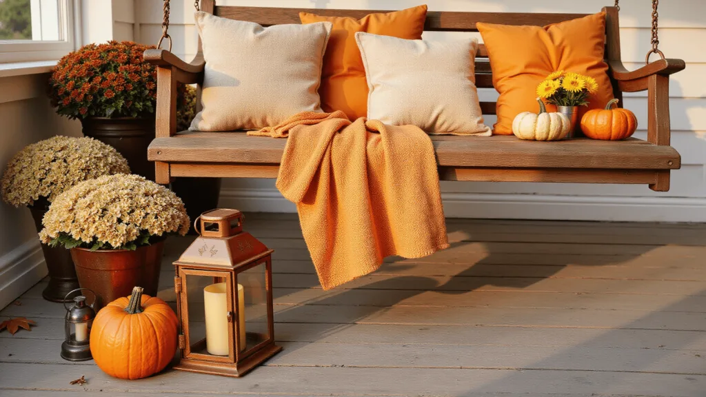 "Vintage wooden porch swing adorned with autumn decor and illuminated by golden hour lighting"