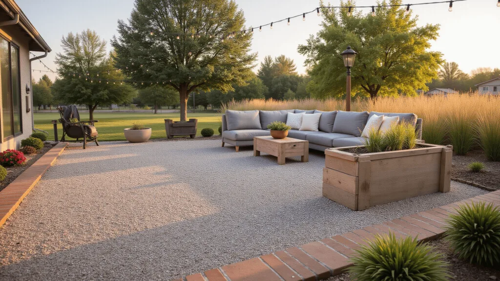 "Backyard patio with pea gravel surface, wooden furniture, and DIY planters at golden hour"