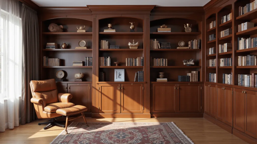 "Elegant home library with mahogany shelves, a leather reading chair, and warm lighting"