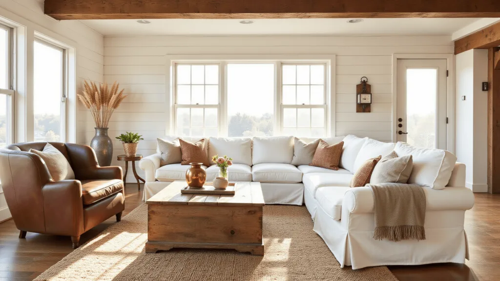 "Cozy farmhouse living room with white sectional sofa, vintage armchair, Persian rugs, and reclaimed wood coffee table bathed in warm afternoon sunlight."