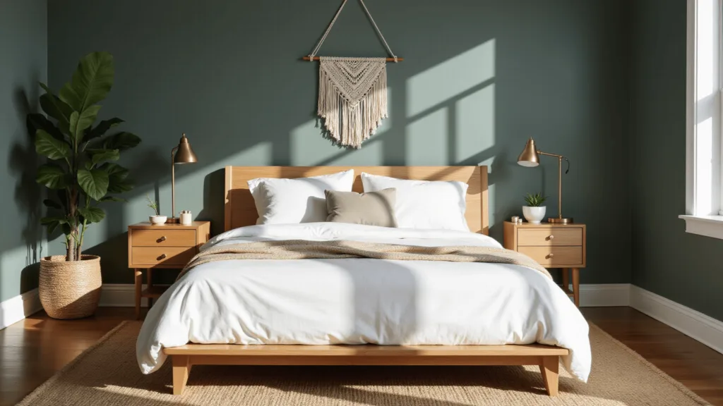 "Serene dark sage green bedroom with minimalist aesthetic, white linen bedding, wood nightstands, ceramic lamps, and organic elements including a monstera plant and macramé wall hanging."