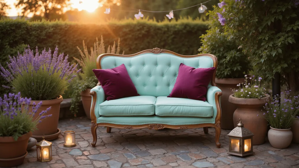 "Dreamy golden hour patio scene with vintage mint-green loveseat, twinkling string lights, Moroccan lanterns, and blooming flowers"