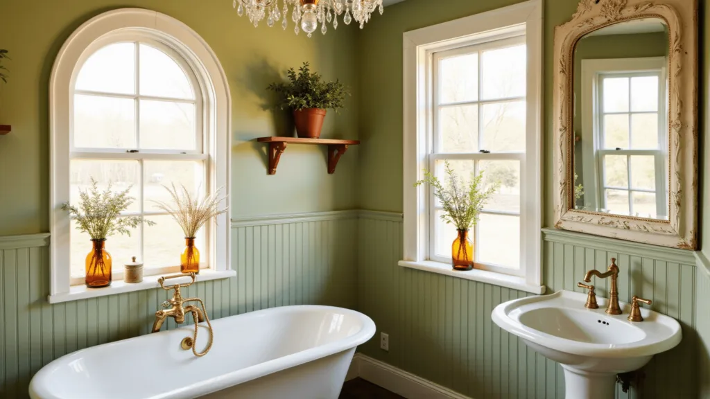 "Vintage cottagecore bathroom with clawfoot tub, sage green walls, antique fittings and crystal chandelier during golden hour"