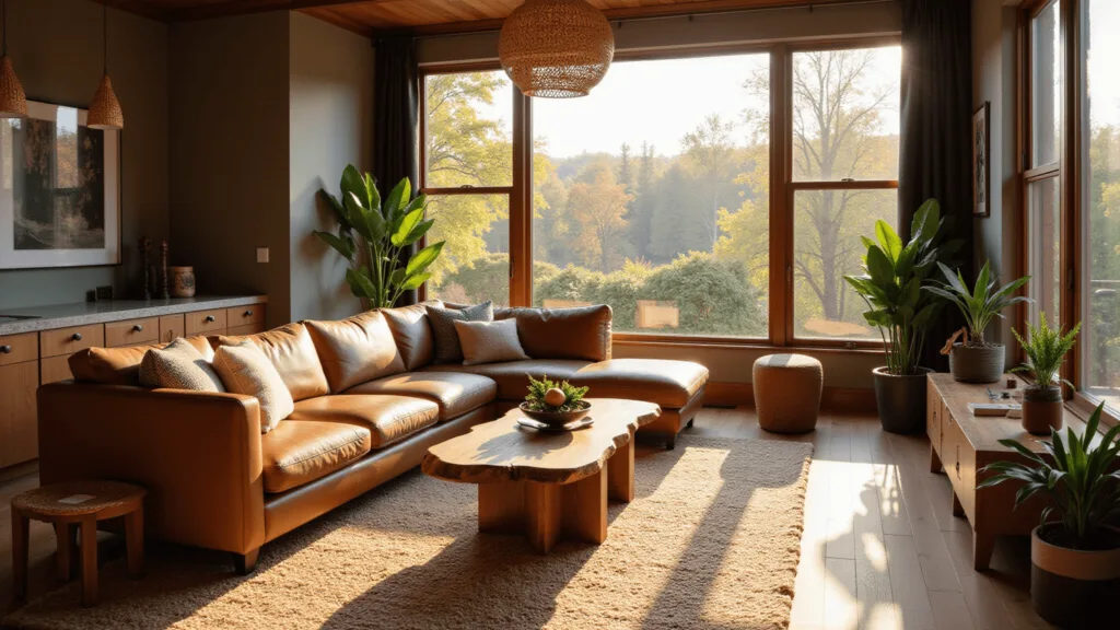 Earthy Living Room Decor: Create a Nature-Inspired Sanctuary in Your Home "Sunlit living room with earthy tones featuring a leather sectional, walnut coffee table and rattan pendant lights"