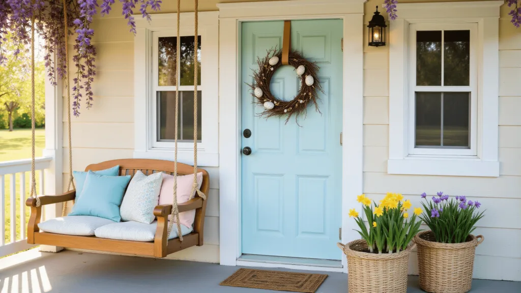 "Vintage farmhouse porch at golden hour decorated with a swing, spring flowers, Easter-themed wreath, and string lights"