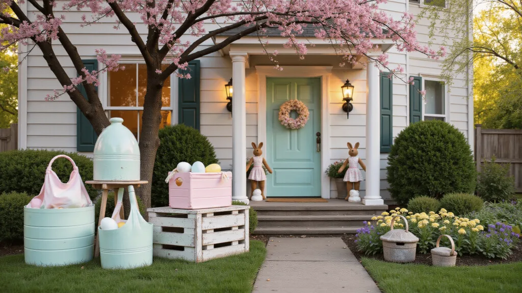 "Easter yard decorations with pastel eggs and wooden bunnies in a garden with cherry blossoms and LED egg garlands"