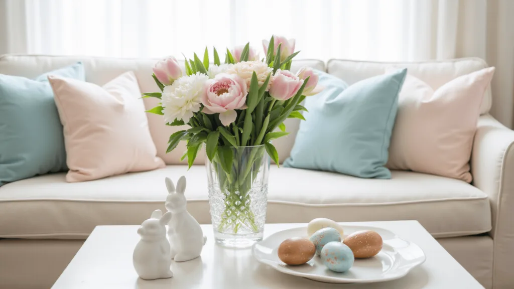 "Easter-themed living room with pastel pillows on cream sofa, fresh flowers in crystal vase, ceramic bunnies, and painted eggs on coffee table in soft morning light"