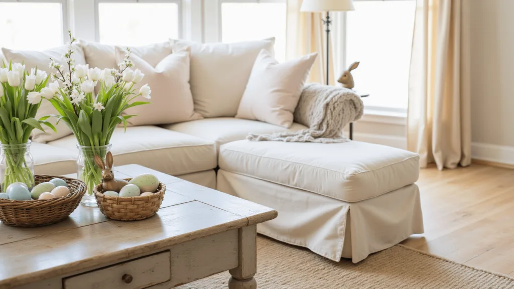 Easter Living Room Decor: A Stunning Seasonal Transformation Guide "Sunlit living room with vintage Easter decor, pastel pillows, brass rabbits, flower vases, painted eggs in woven baskets, and warm light casting shadows on a jute rug"