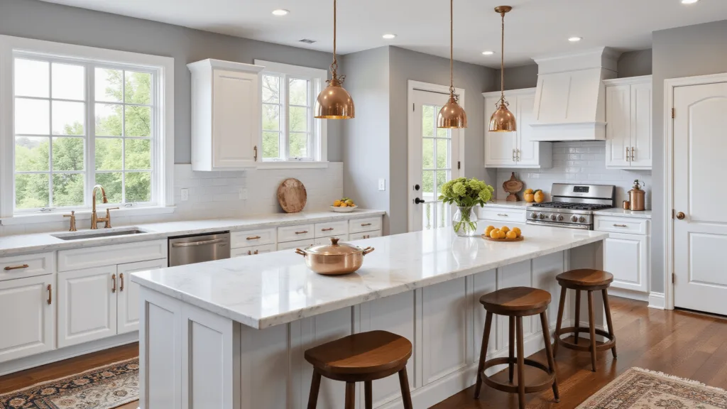 "Modern white kitchen with Calacatta marble island, brass pendant lights, copper cookware, fresh citrus fruits, a vintage Persian runner, and streaming natural light."