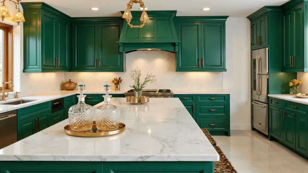 "Art Deco style kitchen with emerald lacquered cabinets, white marble countertops, brass fixtures, and a vintage cocktail set"