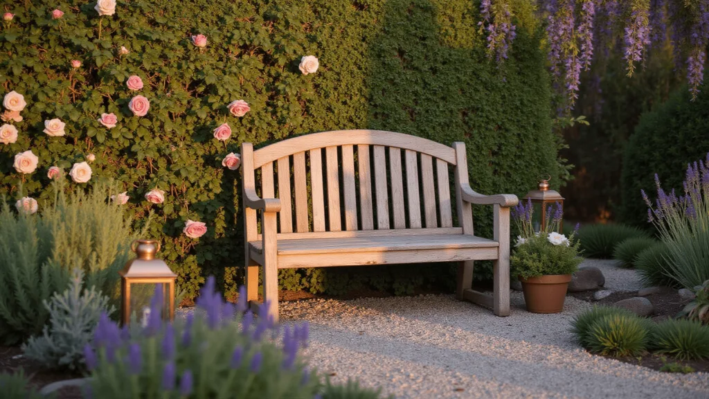 "Vintage wooden bench in a farmhouse garden with climbing roses, wisteria, lavender and sage at sunset, lit by copper lanterns."