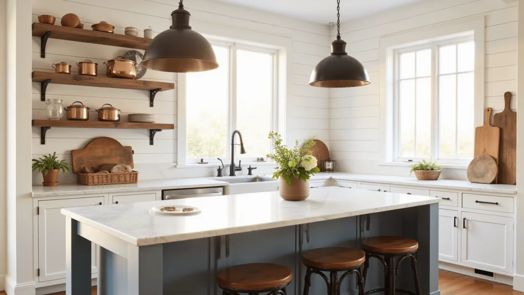 Farmhouse Kitchen Pendant Lights: The Ultimate Style Guide for Transforming Your Kitchen Space "Sunlit farmhouse kitchen with pendant lights, marble island, vintage copper cookware, cutting boards, wrought iron bar stools, and hardwood floors during golden hour"