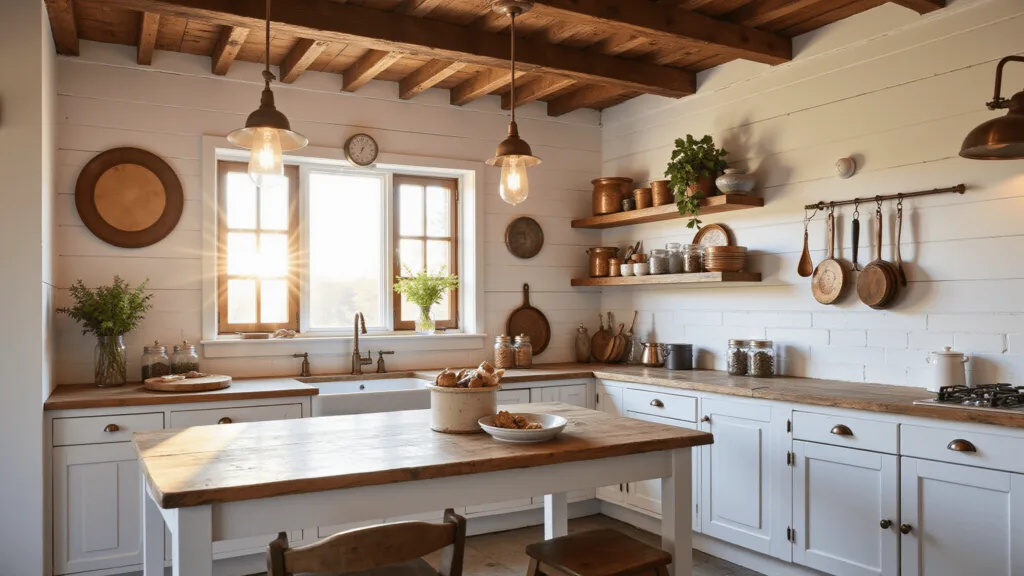 "Rustic farmhouse kitchen with white shiplap walls, wooden beams, brass fixtures, and an oak island during golden hour"
